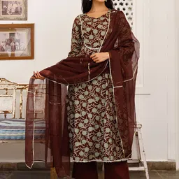 Ambraee Women Burgundy & Olive Green Printed A-Line Kurta with Palazzos & With Dupatta image 3