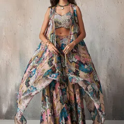 ALIZEH Khatli Work Multi Color Blouse With Printed Sharara And Cape image 2