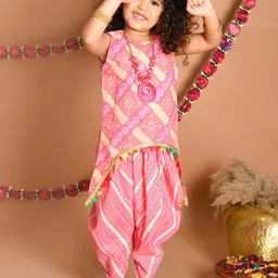 LIL PITAARA Girls Orange Floral Printed Gotta Patti Pure Cotton Kurti with Dhoti Pants image 1