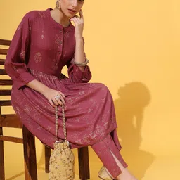 JAIPUR PRIME Ethnic Motifs Printed Mandarin Collar A-Line Kurta with Trousers image 3