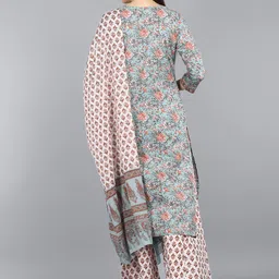 AHIKA Women Turquoise Blue Ethnic Motifs Printed Pure Cotton Kurta with Palazzos & With Dupatta image 2