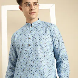 here&now x sanwara Sanwara Men Blue Cotton Ethnic Motifs Printed Kurta with Pyjamas-picture-25