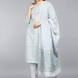 AHIKA Women Blue & White Floral Printed Pure Cotton Kurta With Trousers & Dupatta image 4