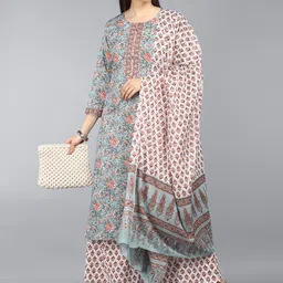 AHIKA Women Turquoise Blue Ethnic Motifs Printed Pure Cotton Kurta with Palazzos & With Dupatta image 5
