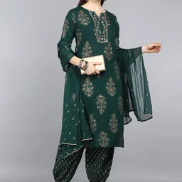 AHIKA Women Green Ethnic Motifs Printed Layered Pure Cotton Kurta with Salwar & Dupatta image 5