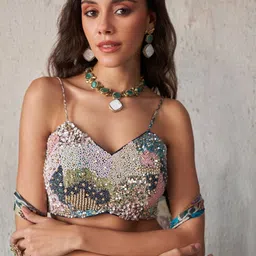 ALIZEH Khatli Work Multi Color Blouse With Printed Sharara And Cape image 5