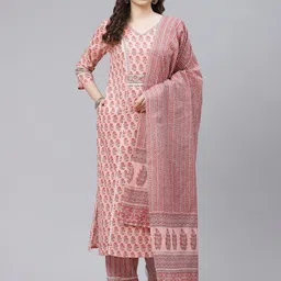 AHIKA Women Peach-Coloured & Green Printed Cotton Kurta with Trousers & Dupatta-picture-16