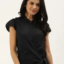 Belle Fille Black Solid Mandarin Collar Puff Sleeves Layered Regular Top with Tie-Ups-picture-22