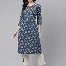 Divena Women Navy Blue & White Printed Mirror Work Pure Cotton Kurta with Trousers-picture-10
