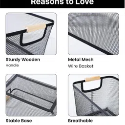 kuber industries Metal Mesh Basket for storage with wooden handle | Fruit Basket | 280g | Black Iron Fruit & Vegetable Basket image 2