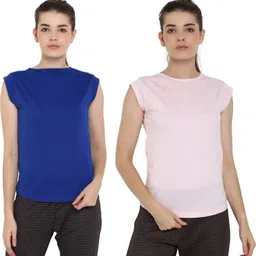 ap'pulse Pack of 2 Women Solid Round Neck Pure Cotton Blue, Pink T-Shirt-picture-29