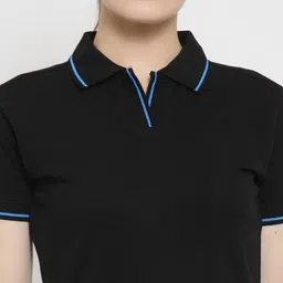 scott international Women Solid Polo Neck Pure Cotton Black T-Shirt image 5