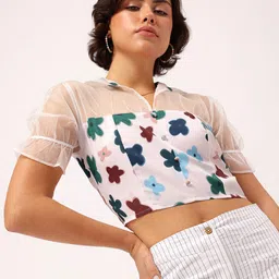 DressBerry Bold Sheer Floral Printed Shirt Style Net Detail Crop Top image 2