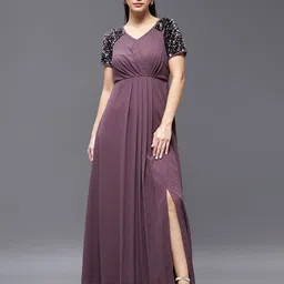 Miss Chase Mauve Embellished Raglan Sleeves Sequinned Detail Maxi Dress image 1
