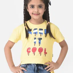 Crimsoune Club Girls Yellow Cotton Typography Printed T-shirt-image-69