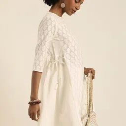 Taavi Cora Off White Woven Design A-Line Kurta With Tie-ups Detail-image-13