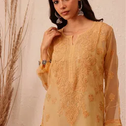 ADA Women Beige Chikankari Hand Embroidered Straight Sustainable Handloom Kurta With Slip image 3