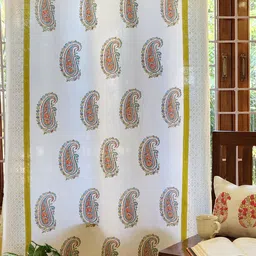 DESIGN GAATHA Off White & Olive Green Cotton Floral Door Curtain image 1