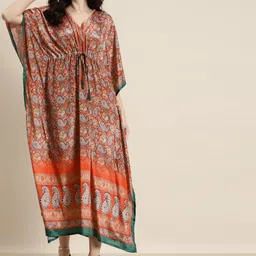 Shae by SASSAFRAS Orange & Green Paisley Crepe Ethnic Kaftan Midi Dress image 4