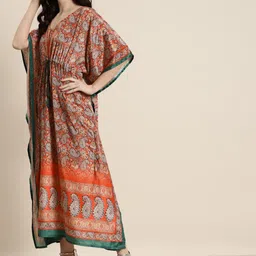 Shae by SASSAFRAS Orange & Green Paisley Crepe Ethnic Kaftan Midi Dress image 5