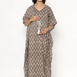 Ikk Kudi by Seerat Grey Printed Pure Cotton Maternity & Nursing Kaftan Maxi Nightdress-picture-41