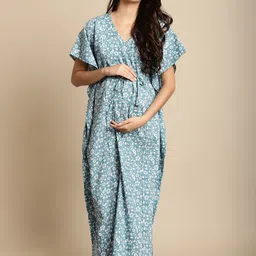 Secret Wish Floral Printed V-Neck Pure Cotton Maternity Maxi Kaftan Nightdress image 1