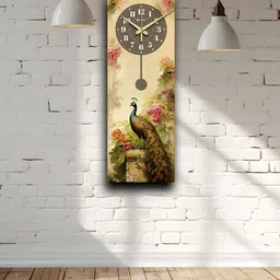 OLIVE TREE Yellow & Brown Printed Contemporary Wooden Rectangle Analogue Wall Clock image 1