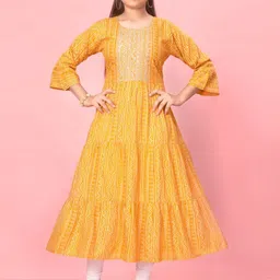Sangria Girls Yellow Bandhani Printed Sequiened Cotton Anarkali Kurta-image-48