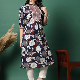 Sangria Floral Printed Pure Cotton Mandarin Collar Mirror Work A-Line Kurta-picture-23