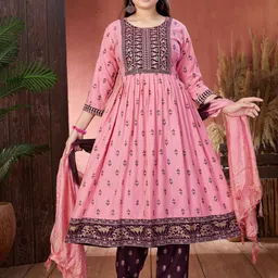 Sangria Girls Peach Ethnic Motifs Embroidered Round Neck Anarkali Kurta-picture-51