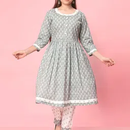 Sangria Girls Grey Ethnic Motifs Printed Round Neck Pure Cotton Anarkali Kurta-picture-39