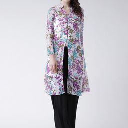 DODO & MOA Women White & Lavender Floral Printed A-Line High Slit Kurta-picture-6