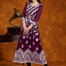 Sangria Purple & White Floral Embroidered Anarkali Kurta-picture-29