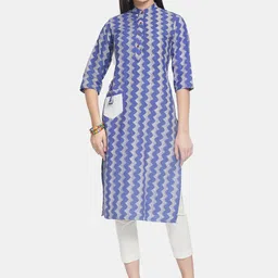 Enchanted Drapes Women Blue & White Chevron Printed Straight Cotton Kurta-image-8
