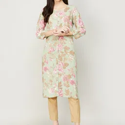 Melange by Lifestyle Women Green & Pink Floral Printed Straight Fit Kurta-picture-13
