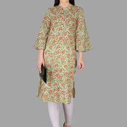 KANNAHI Women Cotton Floral Printed Mandarin Collar A-line Kurta-image-43