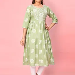 Sangria Girls Green Floral Printed Thread Work Round Neck Pure Cotton Anarkali Kurta-image-16