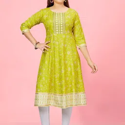 Sangria Girls Lime Green Floral Printed Thread Work Round Neck Pure Cotton Anarkali Kurta-image-41