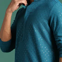 Sangria Teal Blue Ethnic Motifs Embroidered Sequinned Chikankari Cotton Kurta image 4