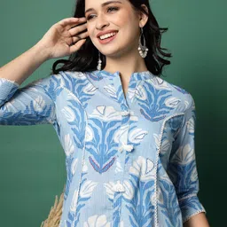 Sangria Blue Floral Printed Kantha Work Mandarin Collar Panelled A-Line Kurta image 4
