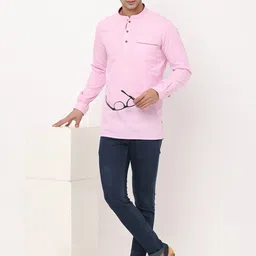 NIRVAAN Men Pink Mandarin Collar Cotton Kurta image 5