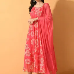 Sangria Floral Printed Shoulder Strapped Maxi Ethnic Dress with Dupatta-picture-11