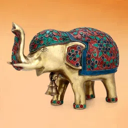 CraftVatika Multicolor Brass Turquoise Work Elephant Figurine Trunk up Statue-picture-38