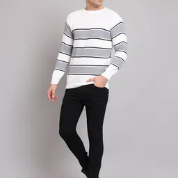 ewools Men Striped Round Neck White, Grey Sweater image 5