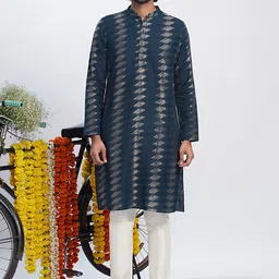 KISAH Ethnic Motifs Woven Design Mandarin Collar Pure Cotton Straight Kurta With Trousers image 1