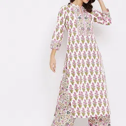 Tissu Women Cream-Coloured Ethnic Motifs Printed Pure Cotton Kurta with Palazzos image 1
