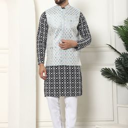 SOJANYA Embroidered Thread Work Cotton Silk Kurta With Churidar & Nehru Jacket-picture-41