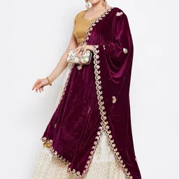 Clora Creation Burgundy & Gold-Toned Embroidered Velvet Dupatta with Gotta Patti image 4