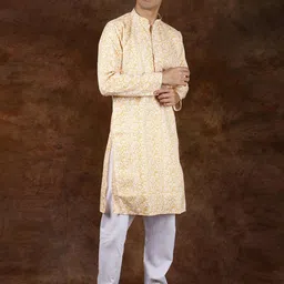 Exotic India Men Ethnic Motifs Printed Mandarin Collar Pure Cotton Kurta with Pyjamas image 4