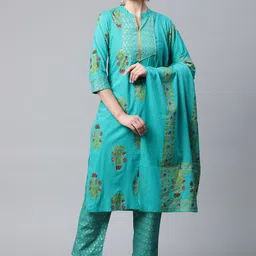 MEERA FAB Women Sea Green Ethnic Motifs Printed Pure Cotton Kurta with Trousers & Dupatta-image-58